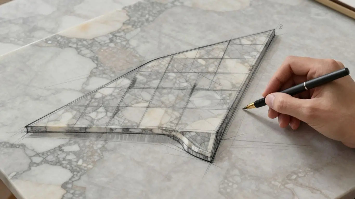 Marble countertop sketch with custom design elements.