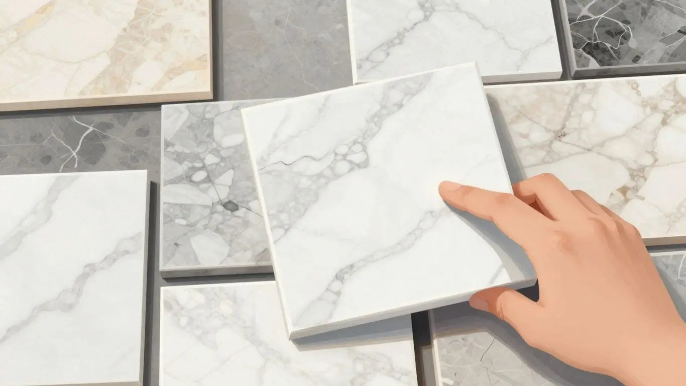 Marble tile patterns and square footage calculation sketch.