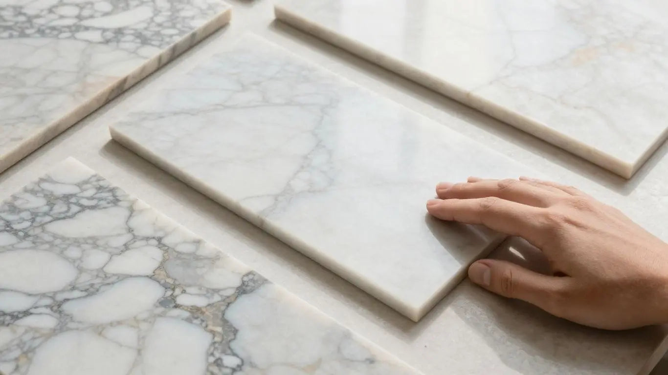 Marble slabs with natural veining, hand touching sample.