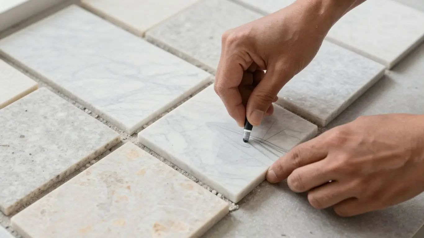 Tiler grouting and sealing natural stone tiles.