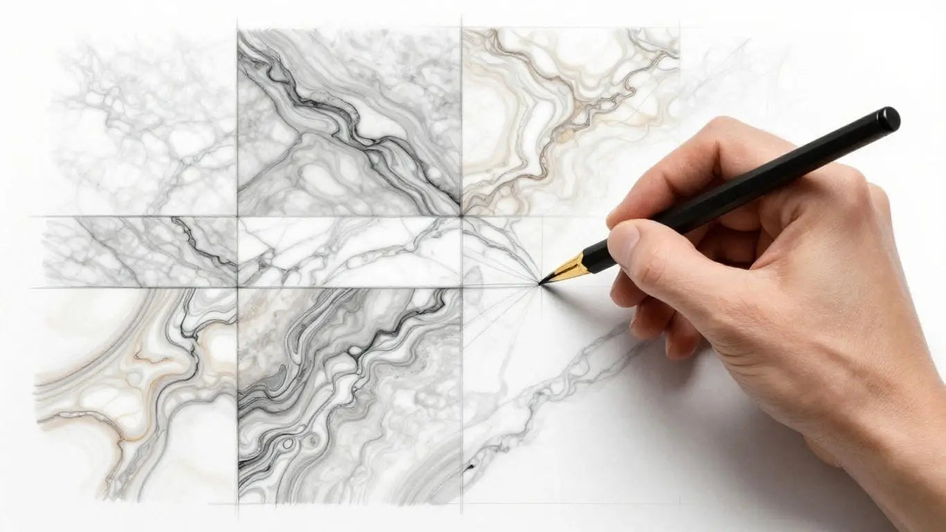 Designer sketching marble patterns, showing selection and customization.