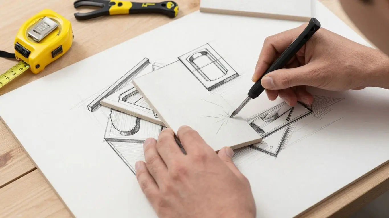 DIY tile cutting and layout planning sketch.