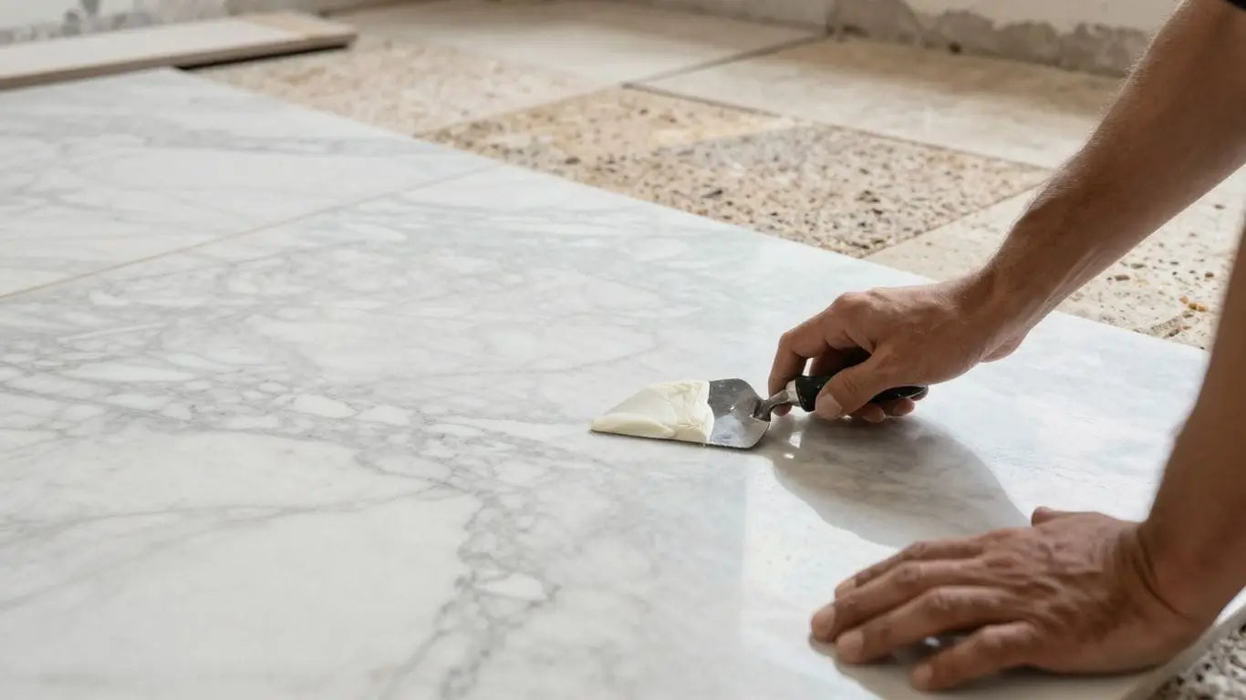 Professional installing marble, limestone, and travertine flooring.