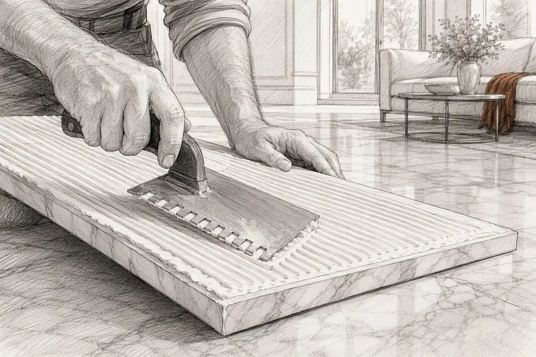 White adhesive combed onto marble slab