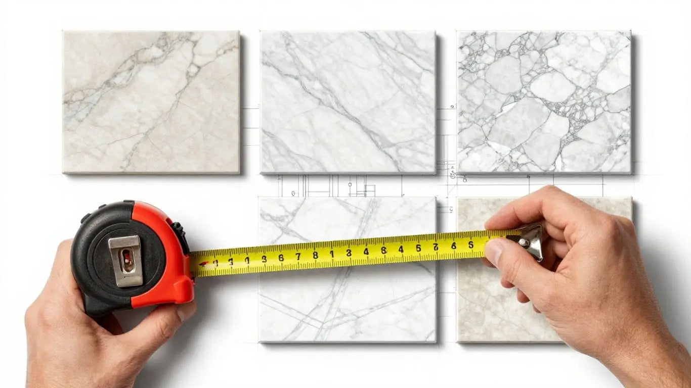 Marble tiles and measuring tape for project planning.