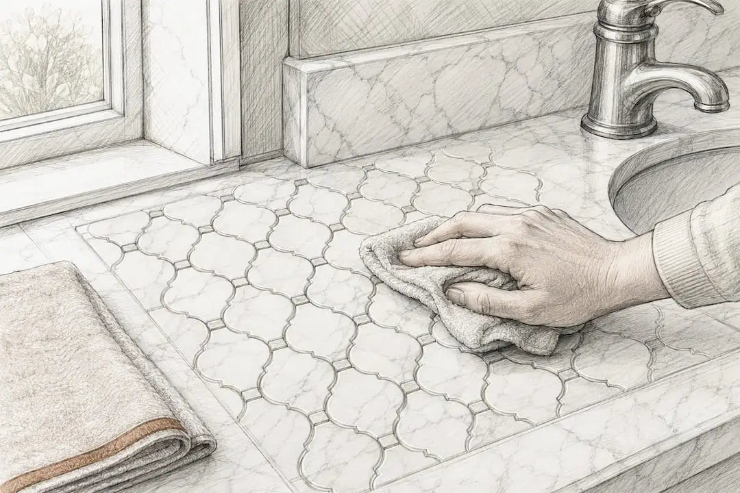 Hand cleaning white marble mosaic