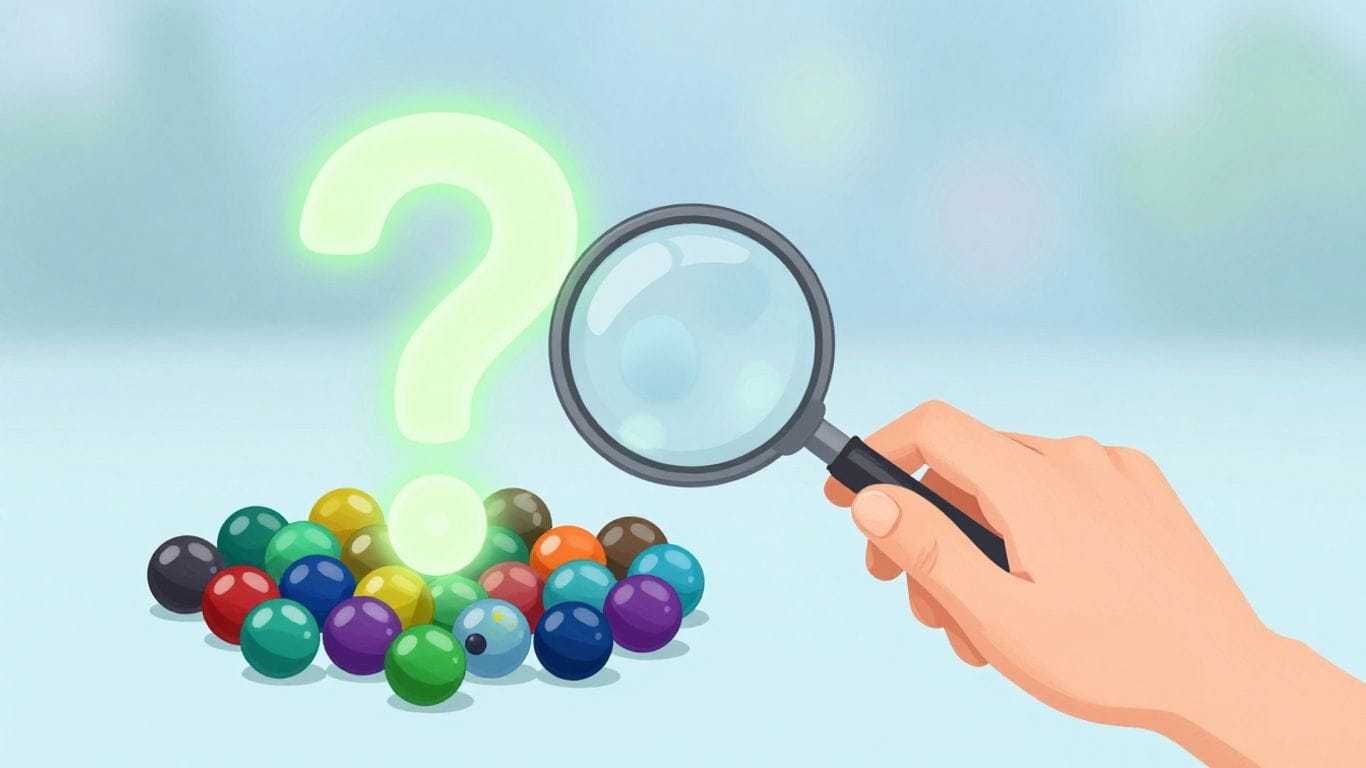 Hand with magnifying glass over marbles, seeking trusted online shop.