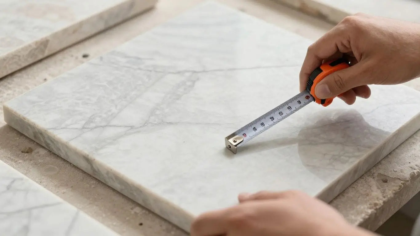 Sketch of careful stone inspection and measurement before installation.