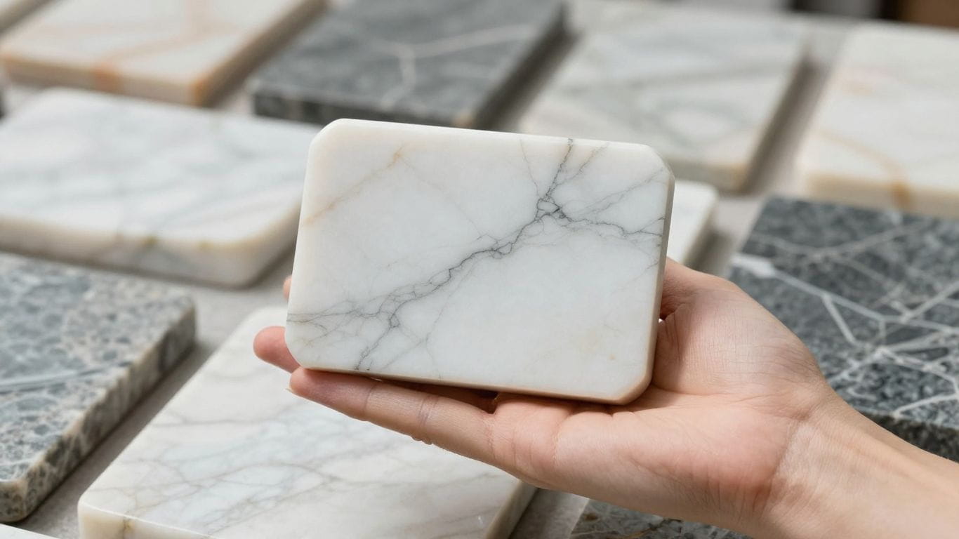 Designer selecting marble samples from a curated collection.