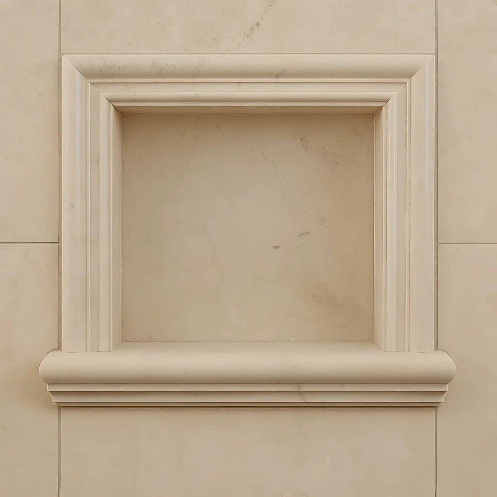 Beige stone wall niche showcasing Hand Made Marble Shampoo Niche product elegantly