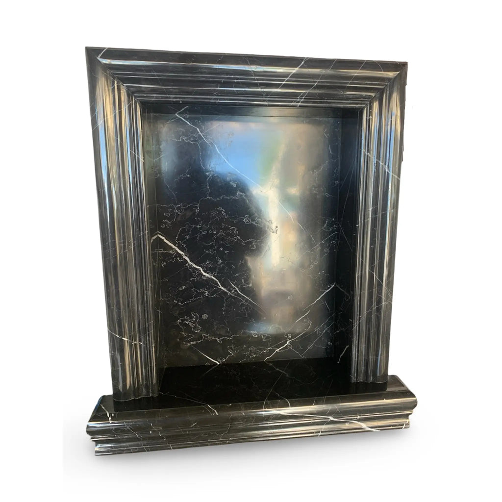 Hand Made Marble Shampoo Niche featuring elegant black marble fireplace surround