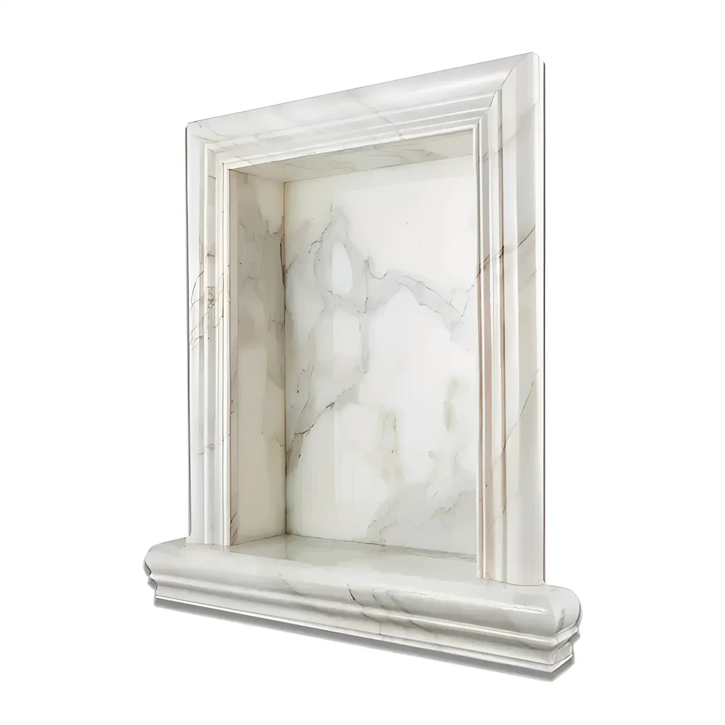 Hand Made Marble Shampoo Niche featuring an elegant marble fireplace mantel design