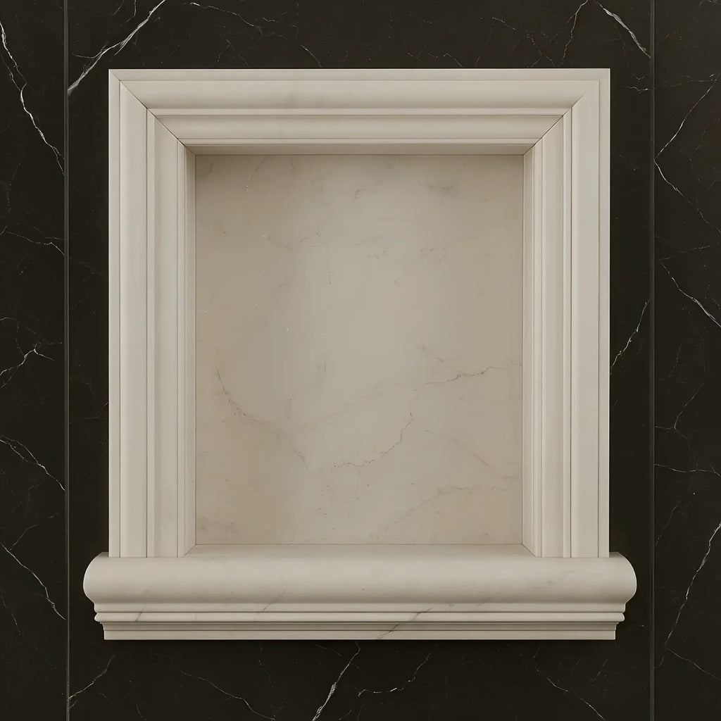 Framed marble wall niche from Hand Made Marble Shampoo Niche for elegant bathroom decor