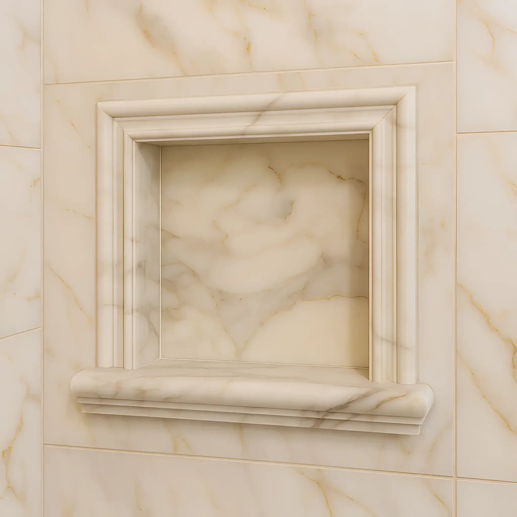 Elegant marble-framed shower niche showcased in Hand Made Marble Shampoo Niche product