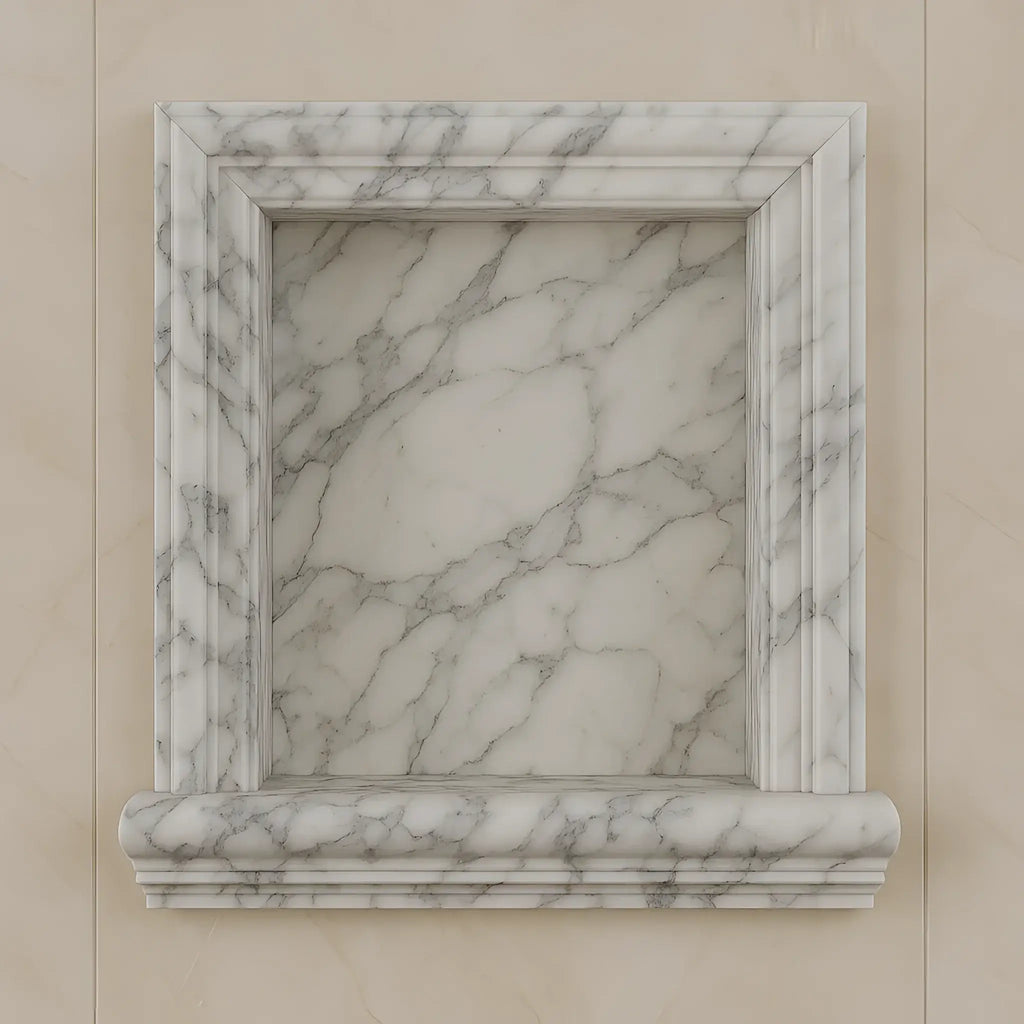 Hand Made Marble Shampoo Niche featuring an elegant marble-framed wall niche