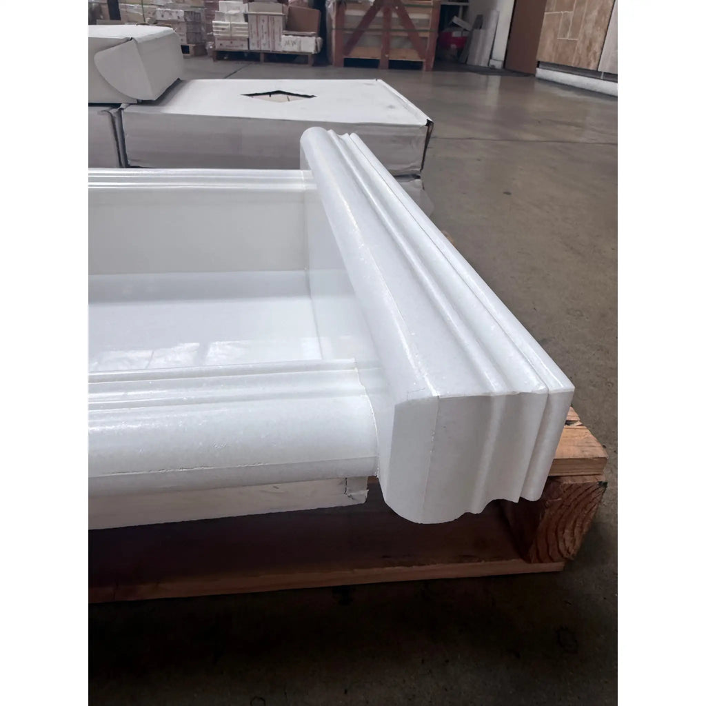 Shiny white fiberglass shower base with decorative molded edge for Hand Made Marble Shampoo Niche
