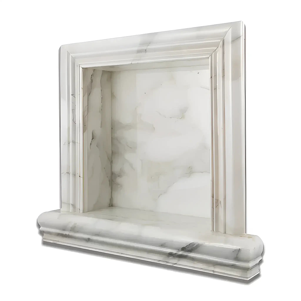 Hand Made Marble Shampoo Niche featuring an elegant marble shower storage design