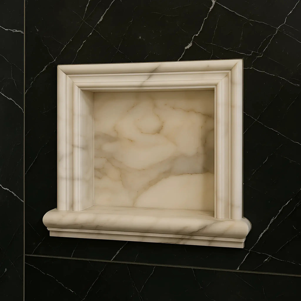 Hand Made Marble Shampoo Niche featuring elegant marble shower niche design