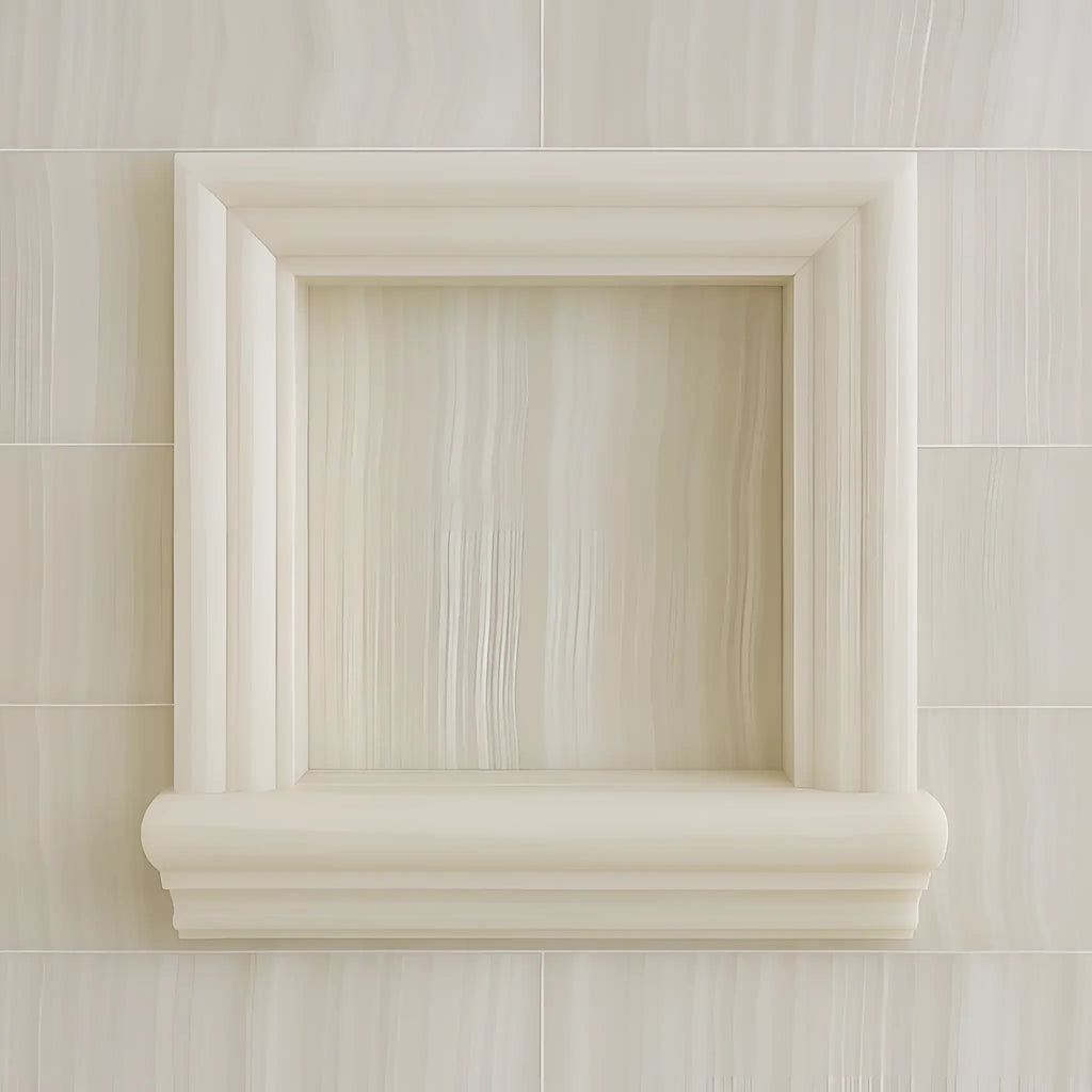 Square recessed decorative shelf featured in Hand Made Marble Shampoo Niche