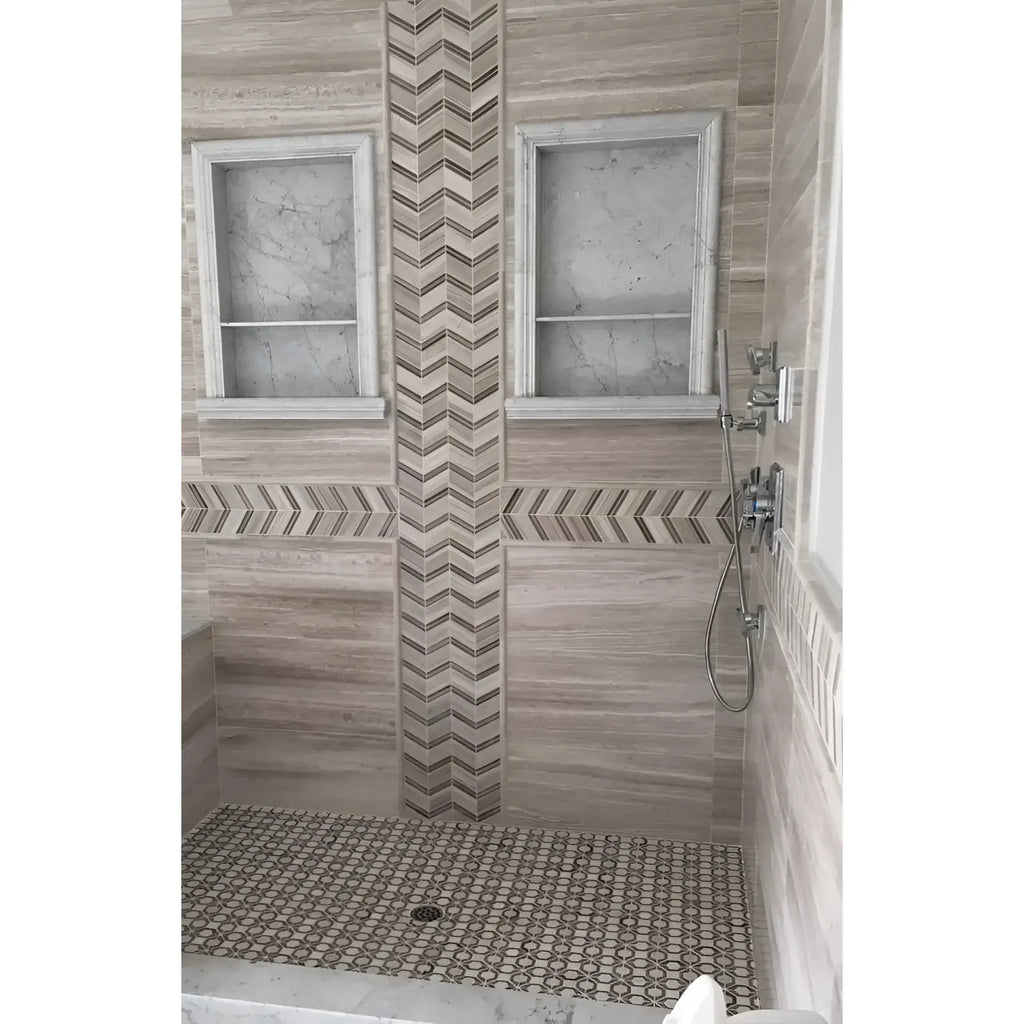 Tiled shower featuring a Hand Made Marble Shampoo Niche with built-in storage