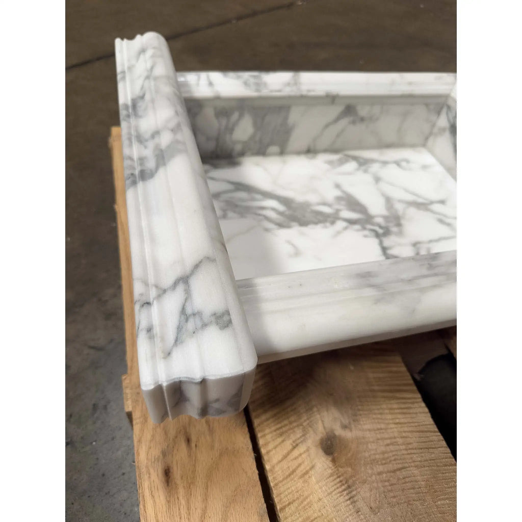 White marble basin with grey veining and fluted edge for Hand Made Marble Shampoo Niche