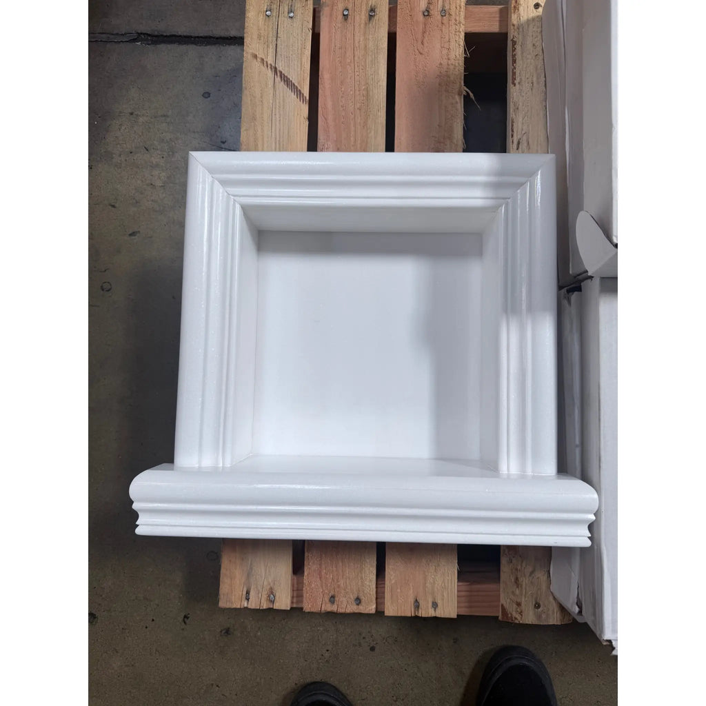 White decorative marble fireplace mantel with recessed opening for Hand Made Marble Shampoo Niche