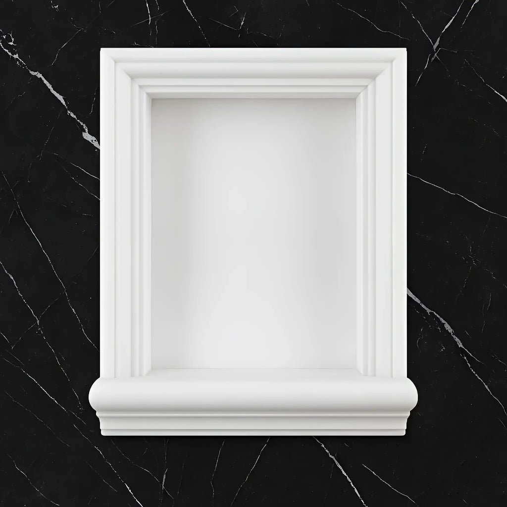 White decorative wall niche featuring the Hand Made Marble Shampoo Niche design