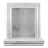 Elegant white marble fireplace mantel showcased in Hand Made Marble Shampoo Niche