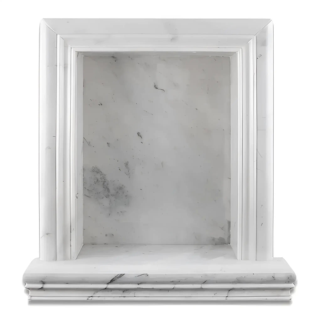 Elegant white marble fireplace mantel showcased in Hand Made Marble Shampoo Niche