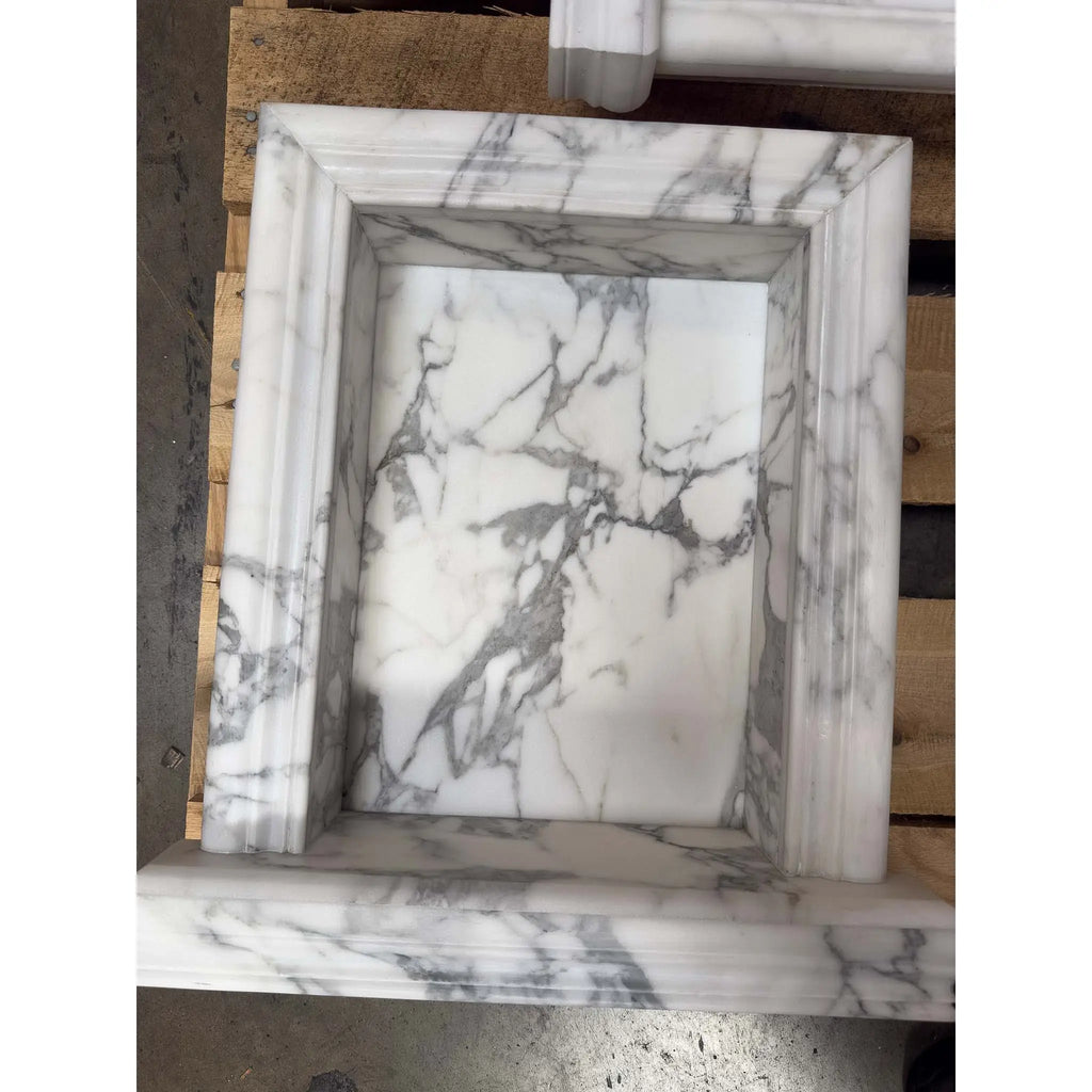 Handmade White Marble Shampoo Niche with Grey Veining and Fireplace Surround Design