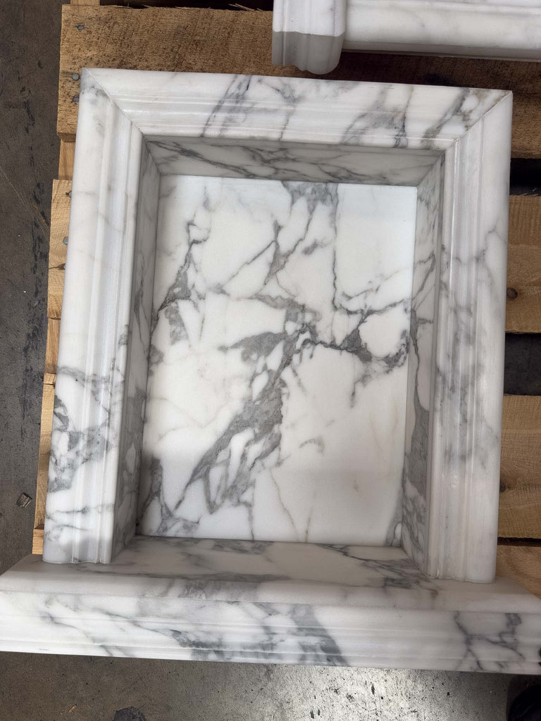 Handmade White Marble Shampoo Niche with Grey Veining and Fireplace Surround Design