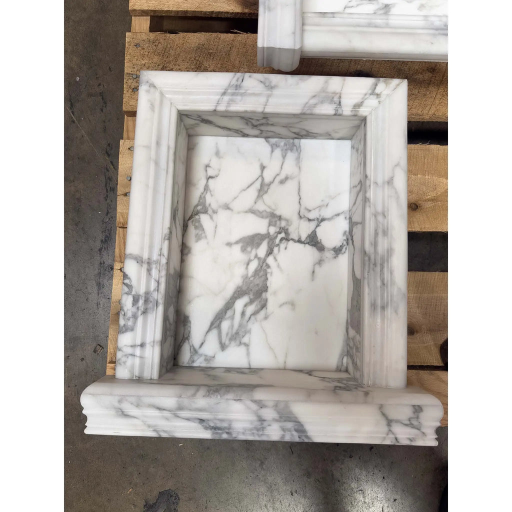 White marble fireplace surround with grey veining for Hand Made Marble Shampoo Niche