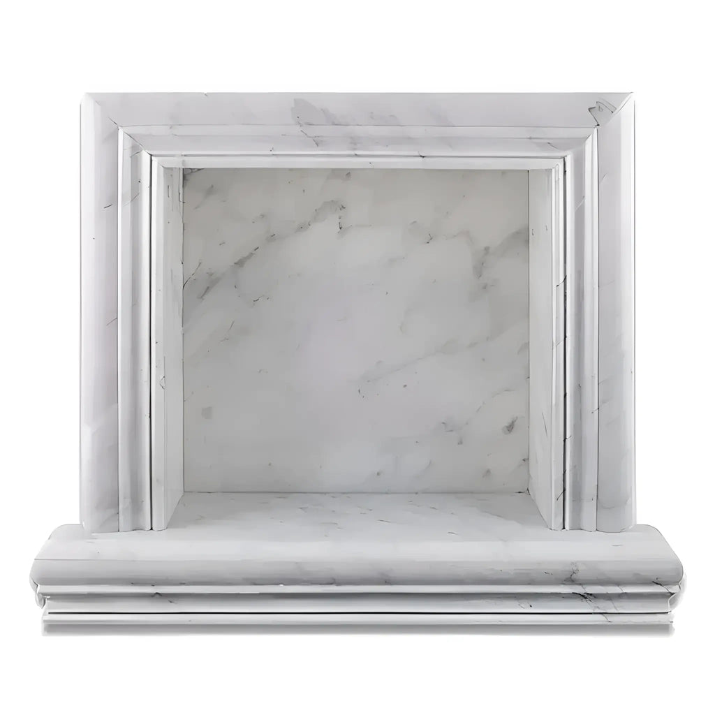 Hand Made Marble Shampoo Niche featuring an elegant white marble fireplace surround