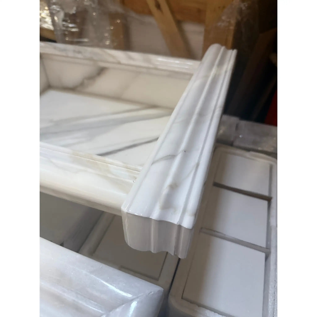 White marble frame with decorative molding for Hand Made Marble Shampoo Niche