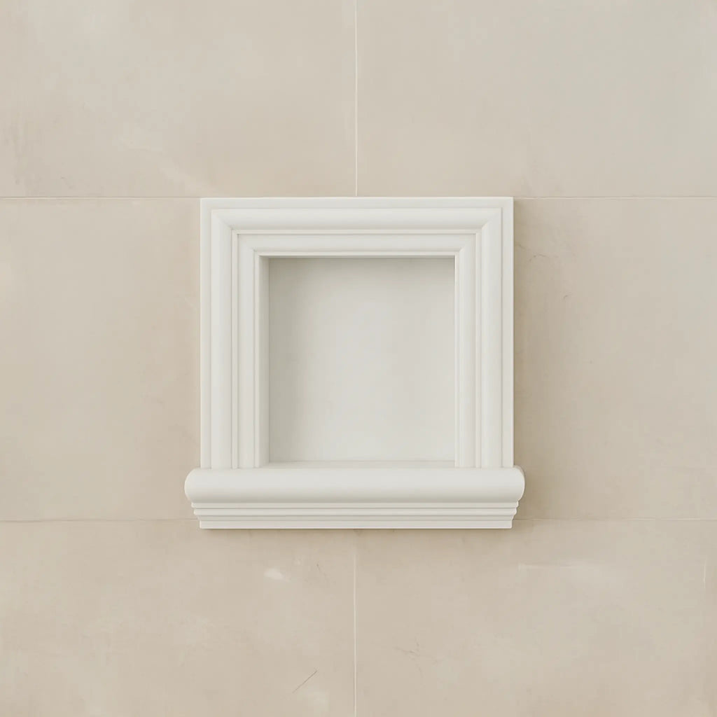 White recessed wall niche in the Hand Made Marble Shampoo Niche for stylish storage