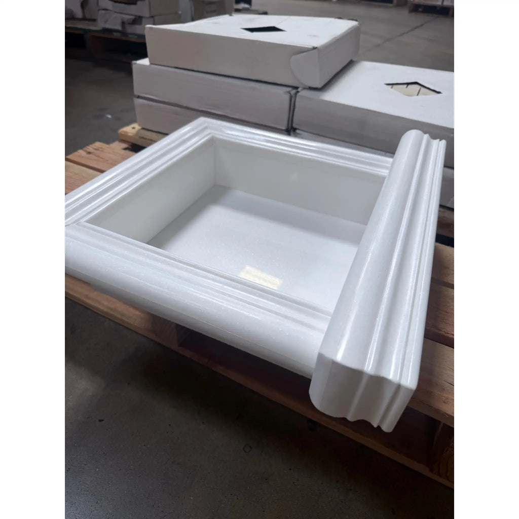 White rectangular marble sink with fluted front apron in Hand Made Marble Shampoo Niche