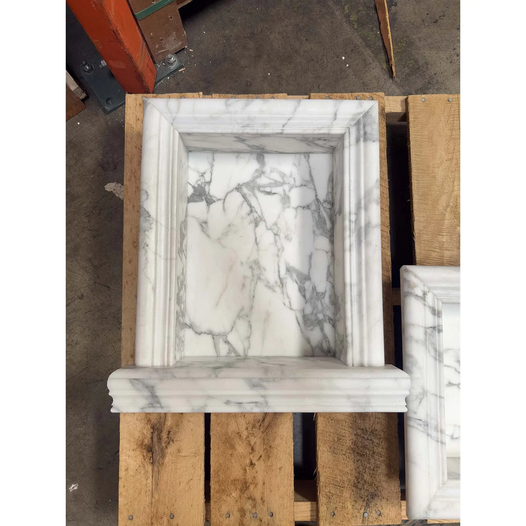 White marble wall niche with decorative molding for Hand Made Marble Shampoo Niche