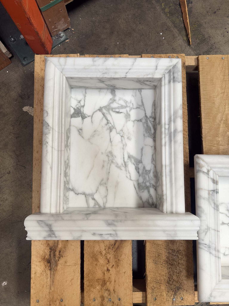 White marble wall niche with decorative molding for Hand Made Marble Shampoo Niche