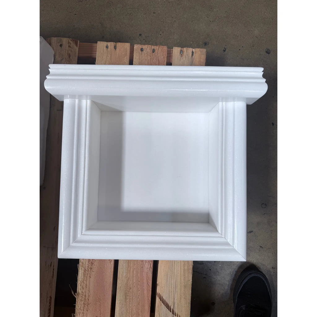 White wooden fireplace mantel with recessed firebox opening for Hand Made Marble Shampoo Niche