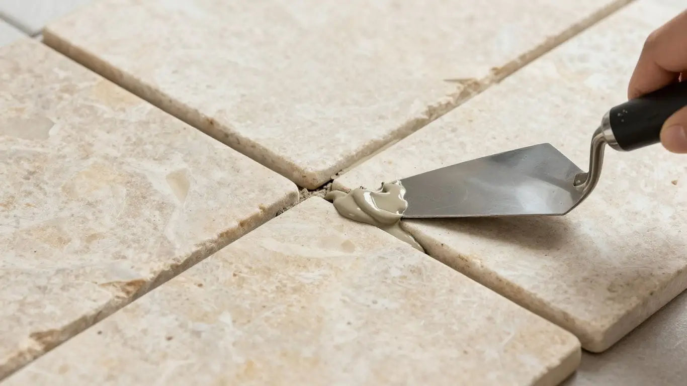 Natural stone tiles being grouted and sealed during installation.