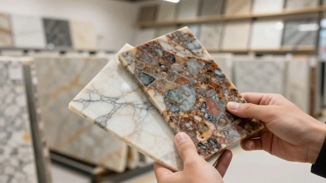 Designer choosing marble slab from collection