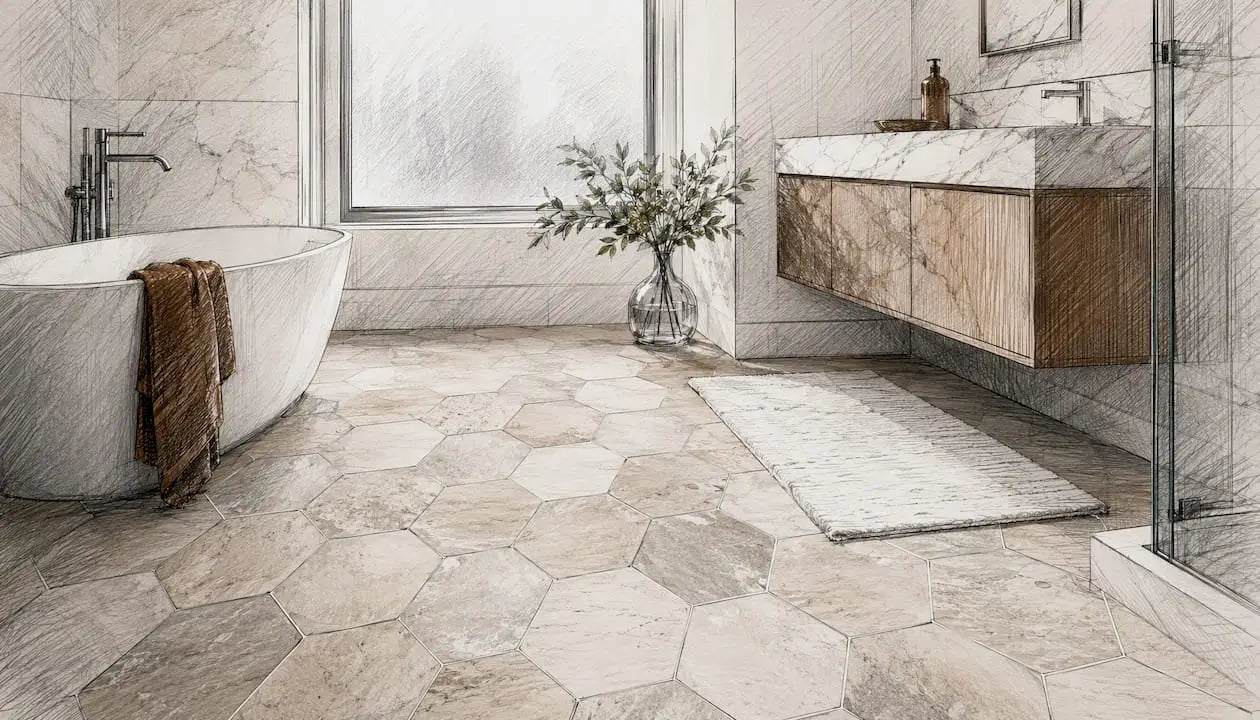 Hexagon natural stone tile bathroom floor