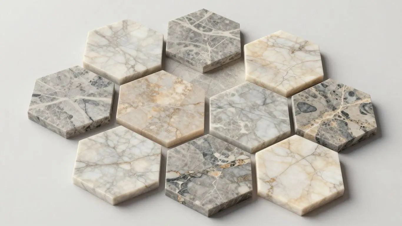 Hexagon marble tiles with natural stone patterns.