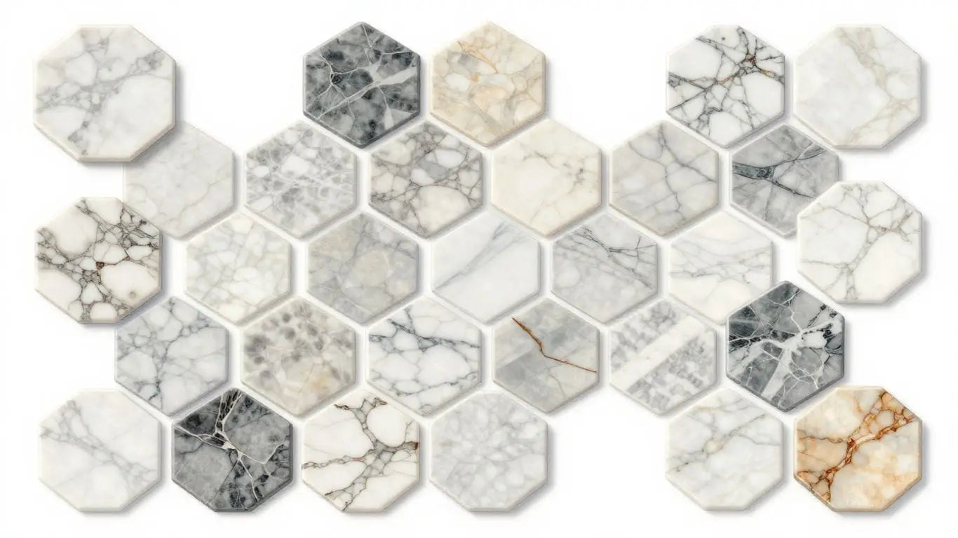 Hexagon marble tiles in various patterns and colors.