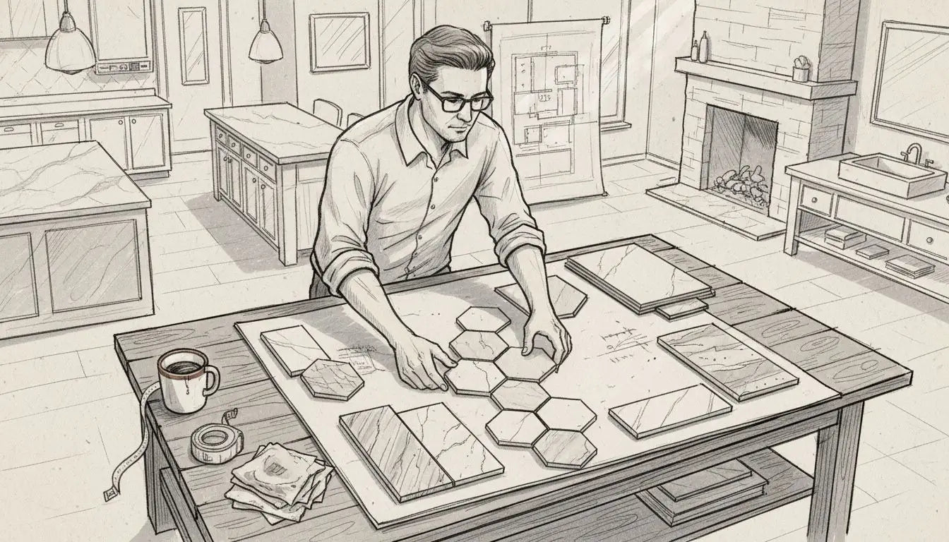 Designer arranging stone tile pattern samples