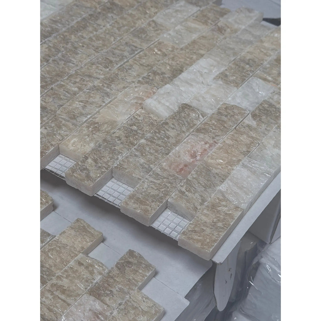 Honey Onyx Giallo Crystal 1x2 brick mosaic split-faced beige cream stone tiles