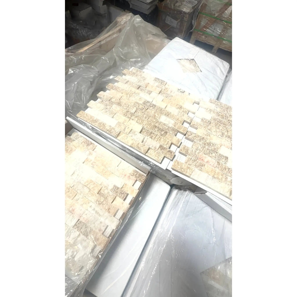 Honey Onyx Giallo Crystal 1x2 brick mosaic split-faced beige tan stone tiles