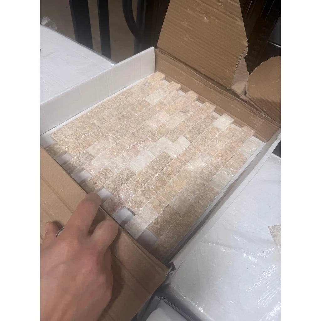 Honey Onyx Giallo Crystal 1x2 brick mosaic tile in beige cream stone-like mosaic panel