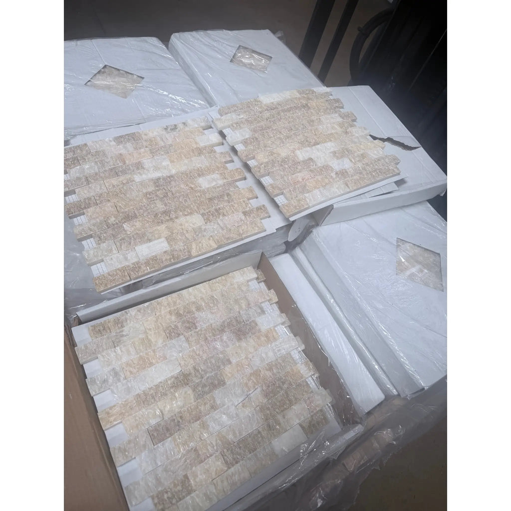 Honey Onyx Giallo Crystal 1x2 brick mosaic split-faced beige cream stone panels