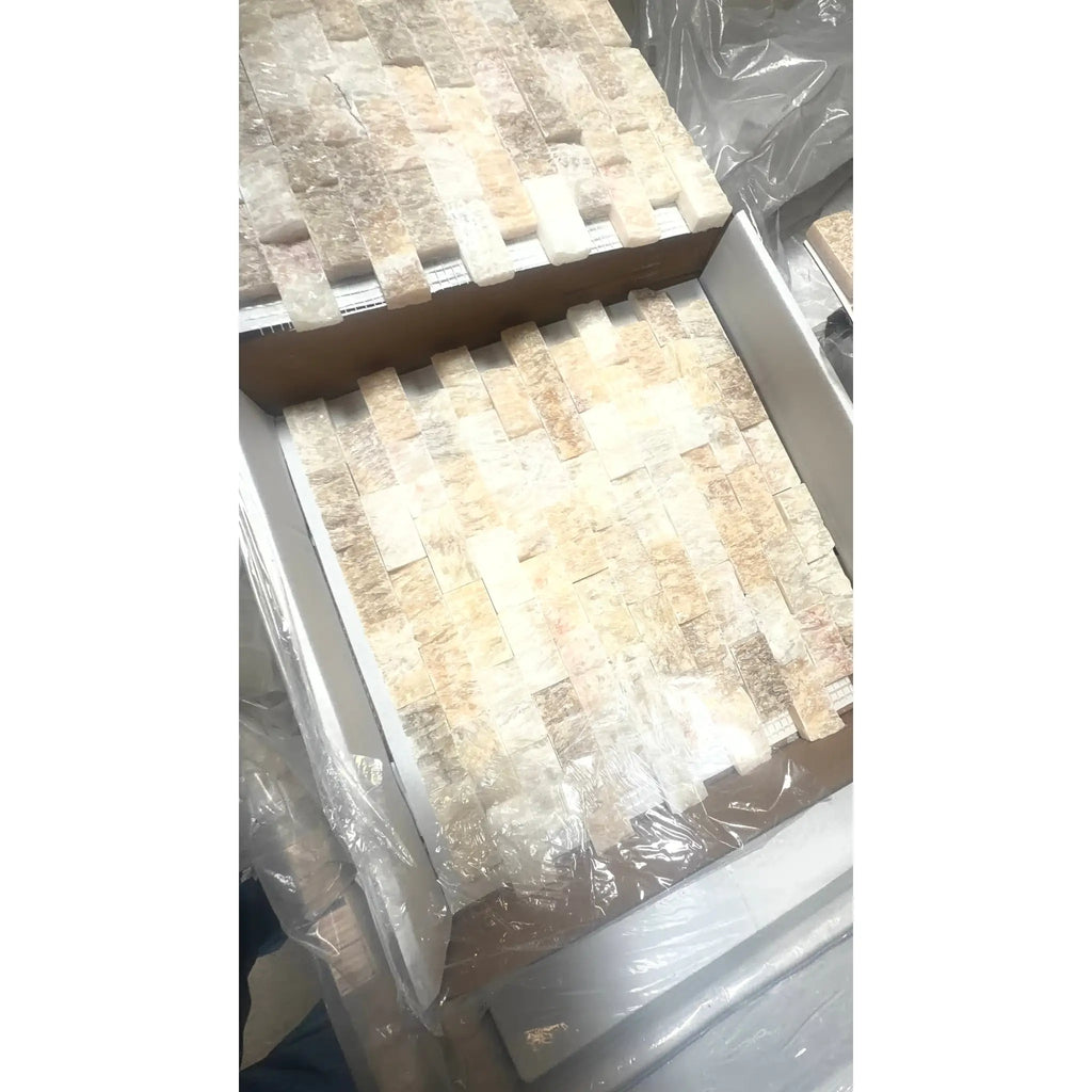 Honey Onyx Giallo Crystal 1x2 brick mosaic split-faced beige cream stone tiles